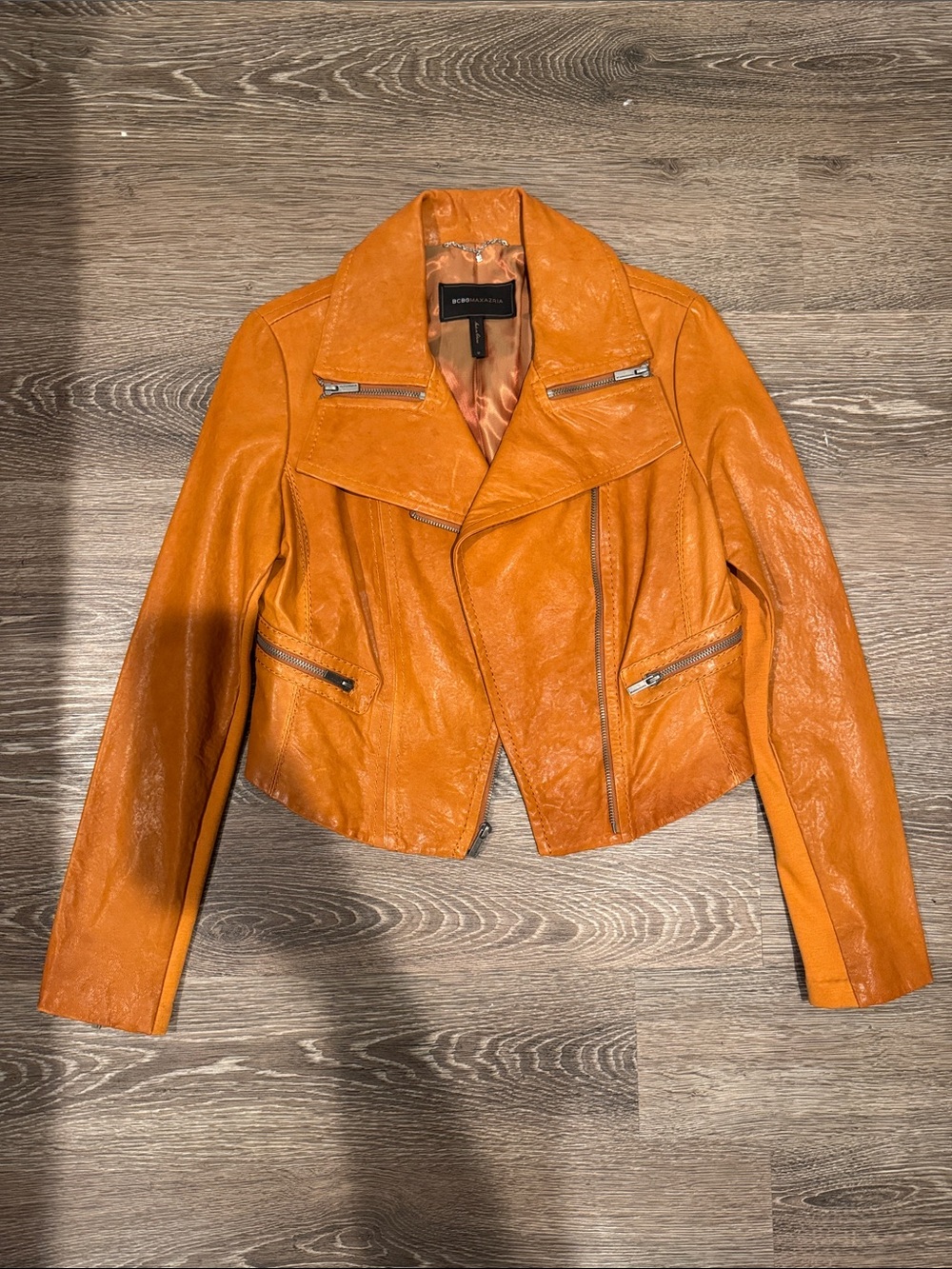 Bronx and Banco Bright Orange Leather Moto Jacket
